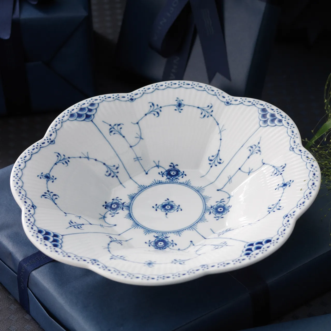 Blue Fluted Half Lace Petal Bowl, 25.5 cm