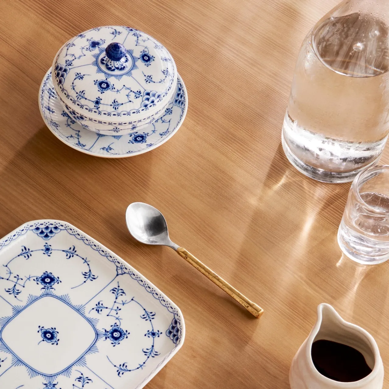 Blue Fluted Half Lace Bowl with Lid and Saucer, 30 cl