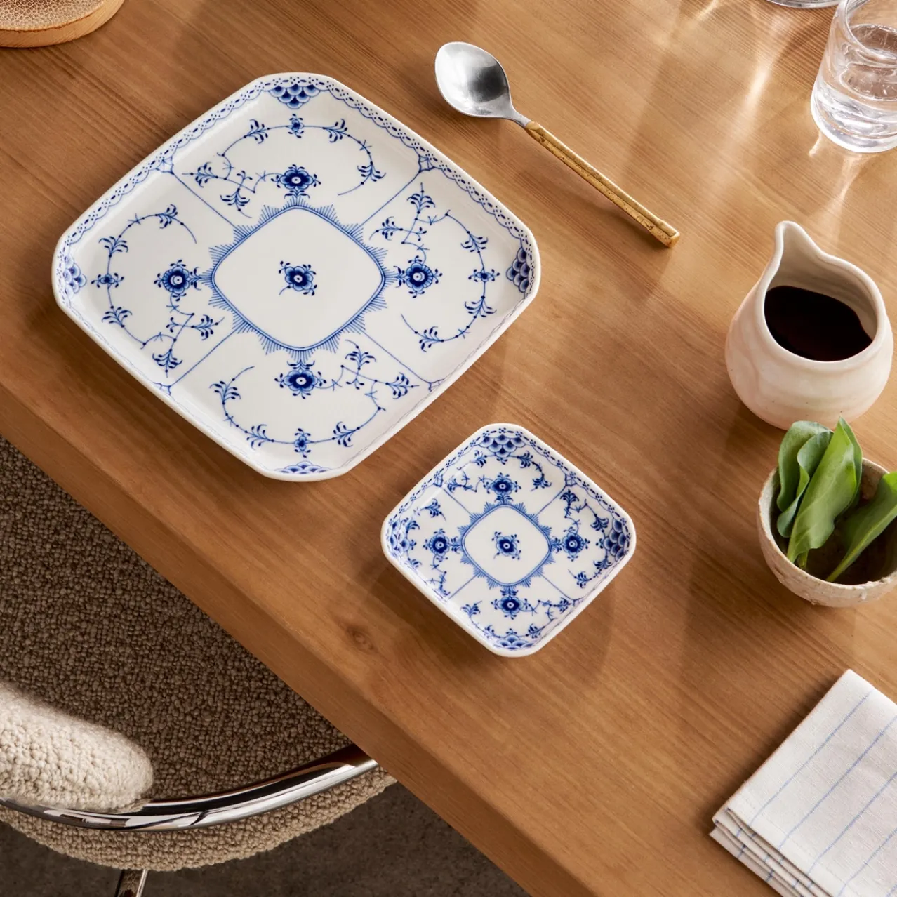 Blue Fluted Half Lace Square Plate, 21 cm